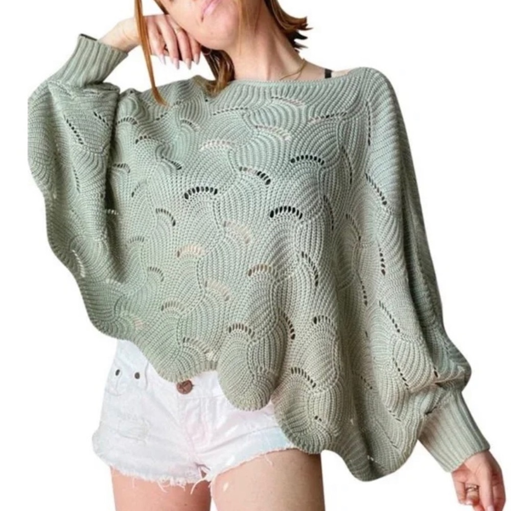 Moon & Madison Anthropologie Sage Green Scalloped Knit Sweater